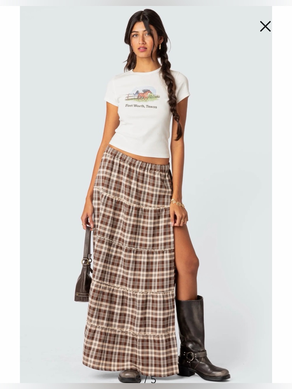 Edikted Plaid Tiered Side Slit Maxi Skirt